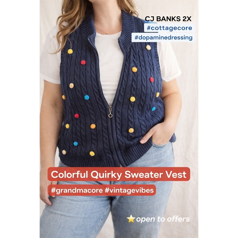 Colorful Pom Pom‎ Knit Sweater Vest 2X | Cottagecore Quirky Grandmacore Zip Up